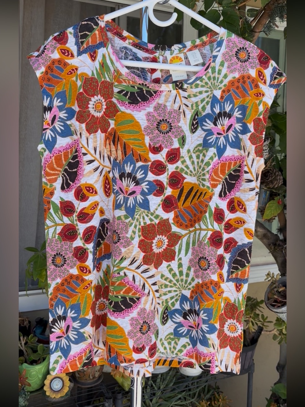 100% Linen Tshirt Top Sleeveless Bright Floral Full Button Back Size M - Picture 3 of 13